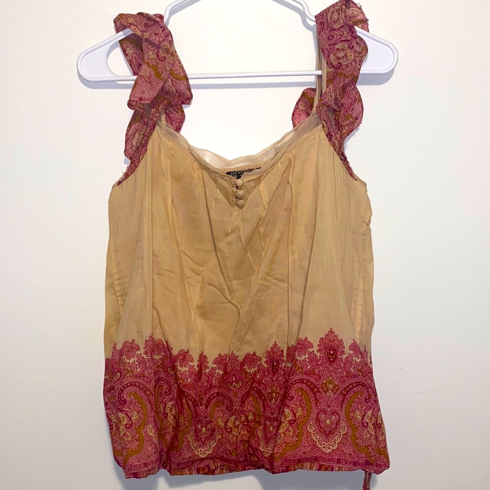 Medium Lucky Brand Pink Cream Paisley Ruffle Shoulder Short Sleeve Top